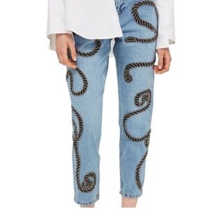 Topshop Blue Straight Leg Jeans with Black Embroidery